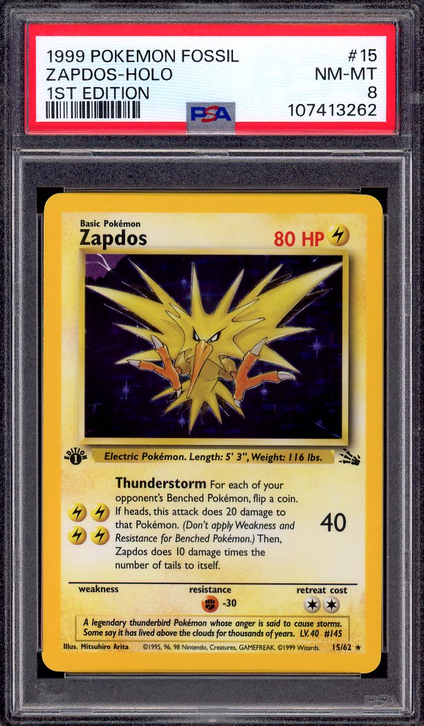 1999 Pokémon Fossil 1st Edition Zapdos-Holo #15 PSA 8 NM-MT