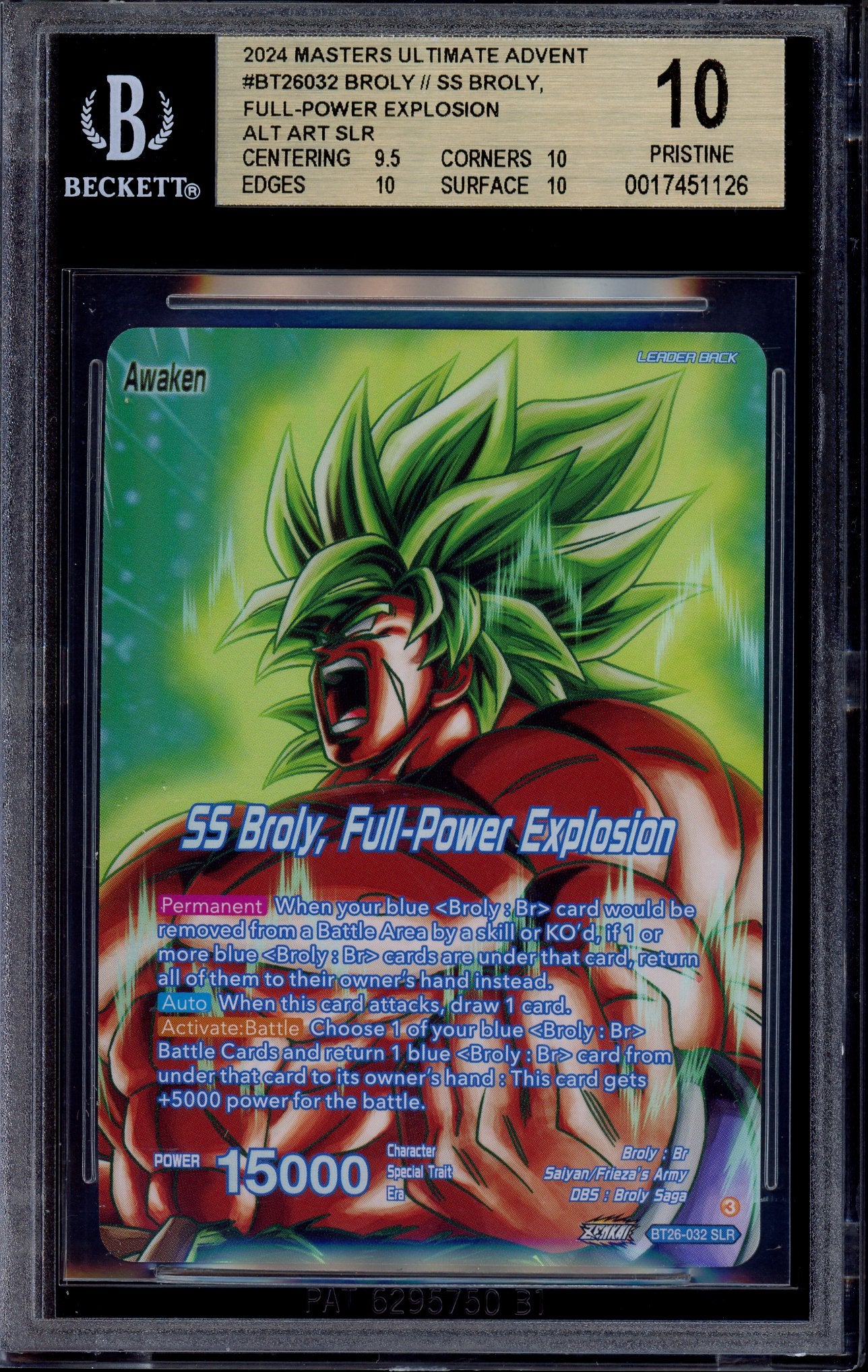 2024 Dragon Ball Super Masters Special Leader Rare SS Broly, Full-Power Explosion #32 BGS 10 PRISTINE