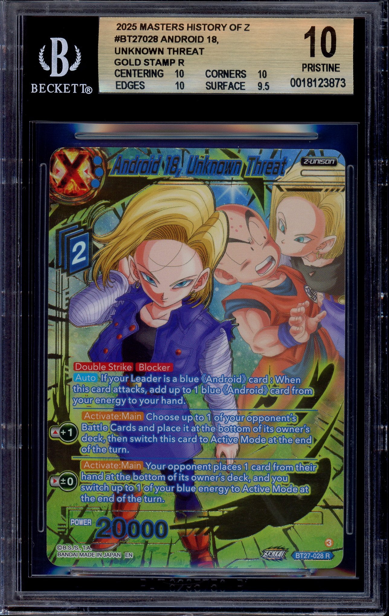 2025 Dragon Ball Super Masters Alternate Art Gold Stamp Android 18, Threat #28 BGS 10 PRISTINE