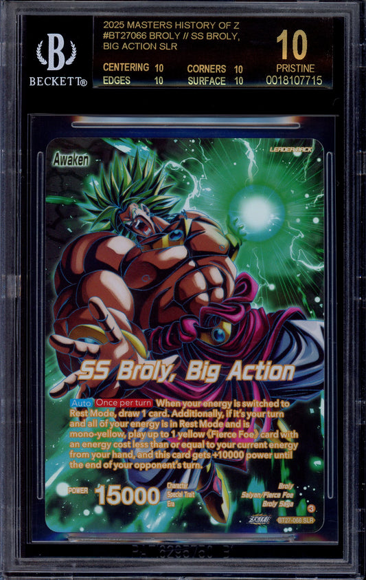 2025 Dragon ball Super Masters Special Leader Rare SS Broly, Big Action #66 BGS 10 PRISTINE BLACK LABEL