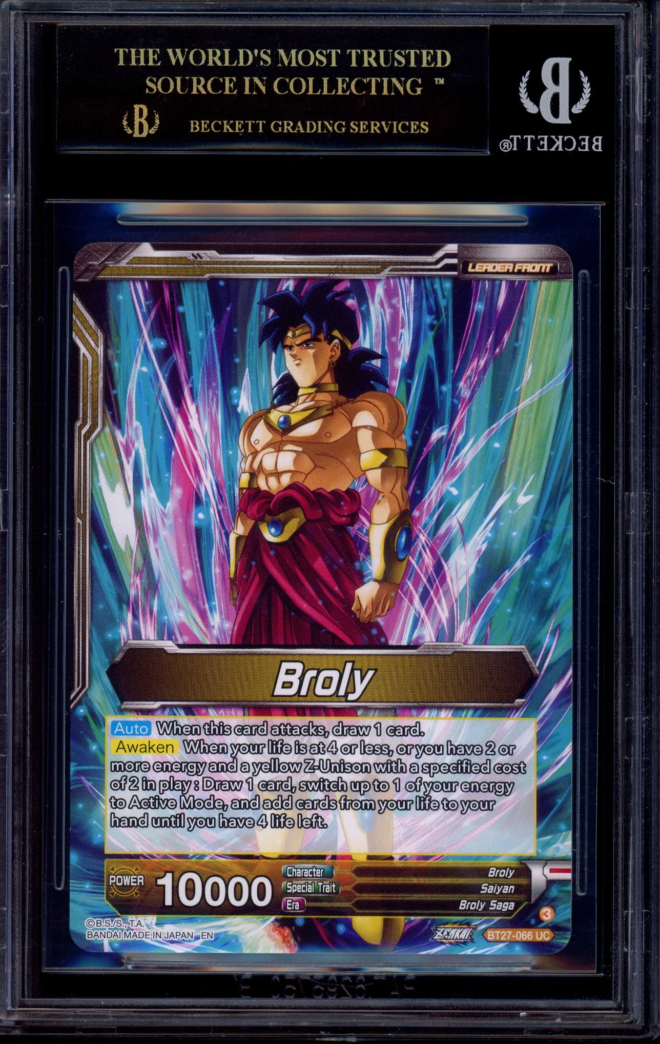 2025 Dragon ball Super Masters Special Leader Rare SS Broly, Big Action #66 BGS 10 PRISTINE BLACK LABEL