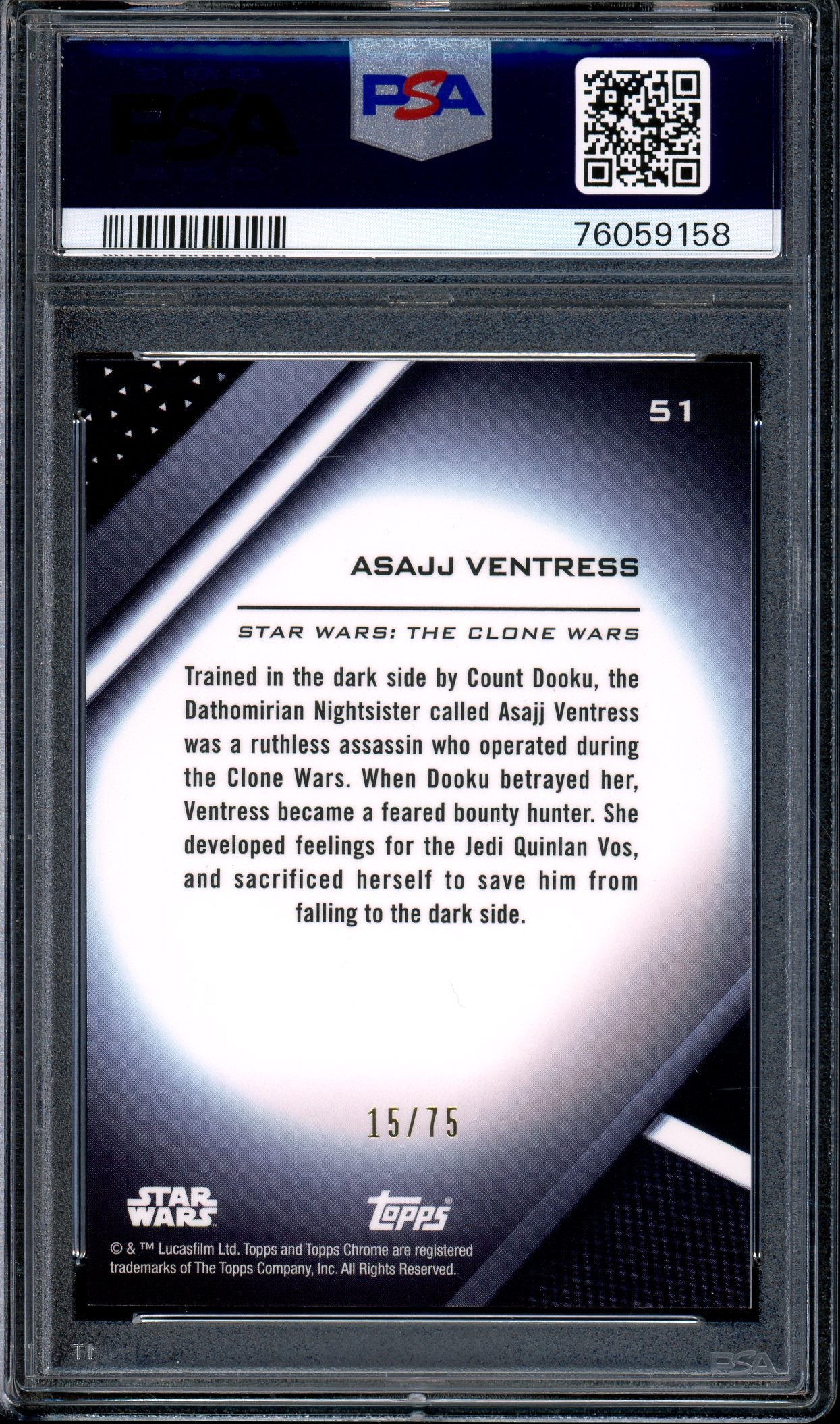 2022 Topps Chrome Black Star Wars Blue Refractor Asajj Ventress /75 #51 PSA 10 GEM MINT