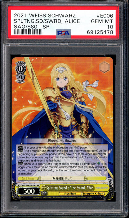 2021 Weiss Schwarz Sword Art Online Splitting Sound of the Sword, Alice SR PSA 10 GEM MINT