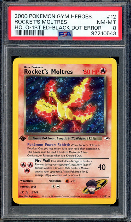 2000 Pokémon Gym Heroes 1st Edition Black Dot Error Rocket's Moltres-Holo #12 PSA 8 NM-MT