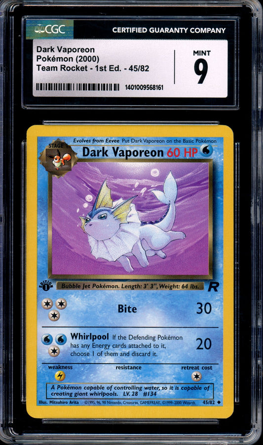 2000 Pokémon Rocket 1st Edition Dark Vaporeon #45 CGC 9 MINT