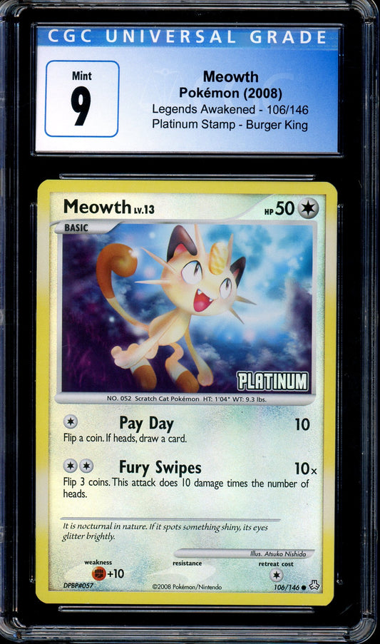 2008 Pokémon Burger King Collection 2009 Meowth-Reverse Foil #106 CGC 9 MINT