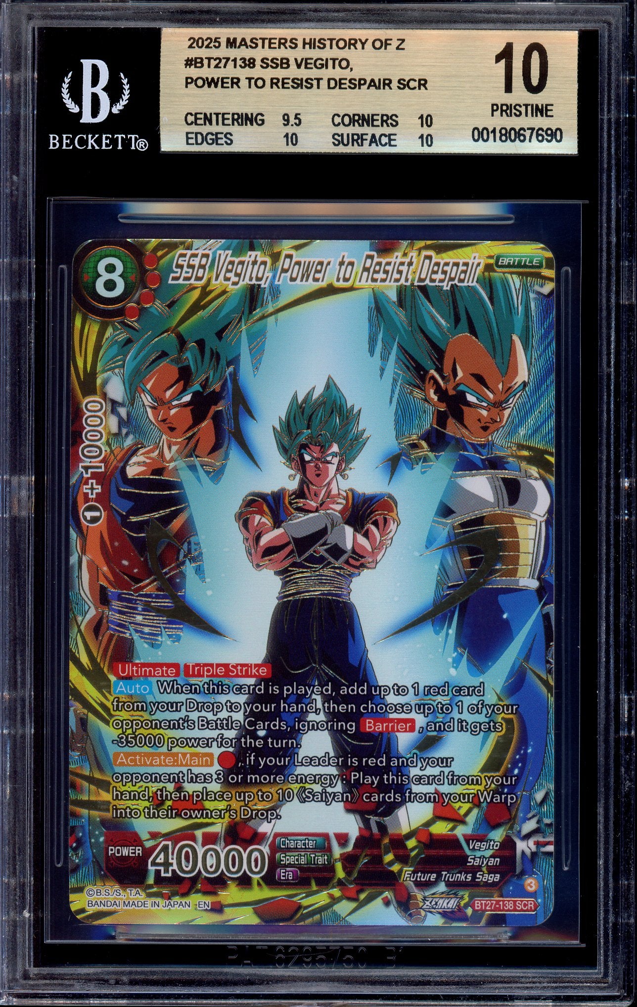 2025 Dragon Ball Super Masters SSB Vegito, Power to Resist Despair SCR #BT27-138 BGS 10 PRISTINE