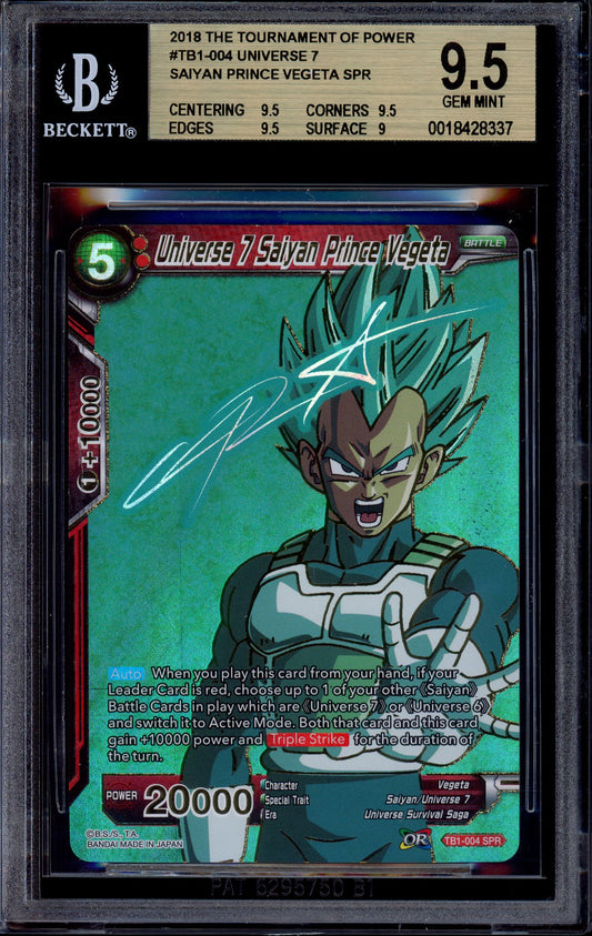 2018 Dragon Ball Super Tournament of Power Special Rare Signature Universe 7 Saiyan Prince Vegeta #TB1-004 BGS 9.5 GEM MINT