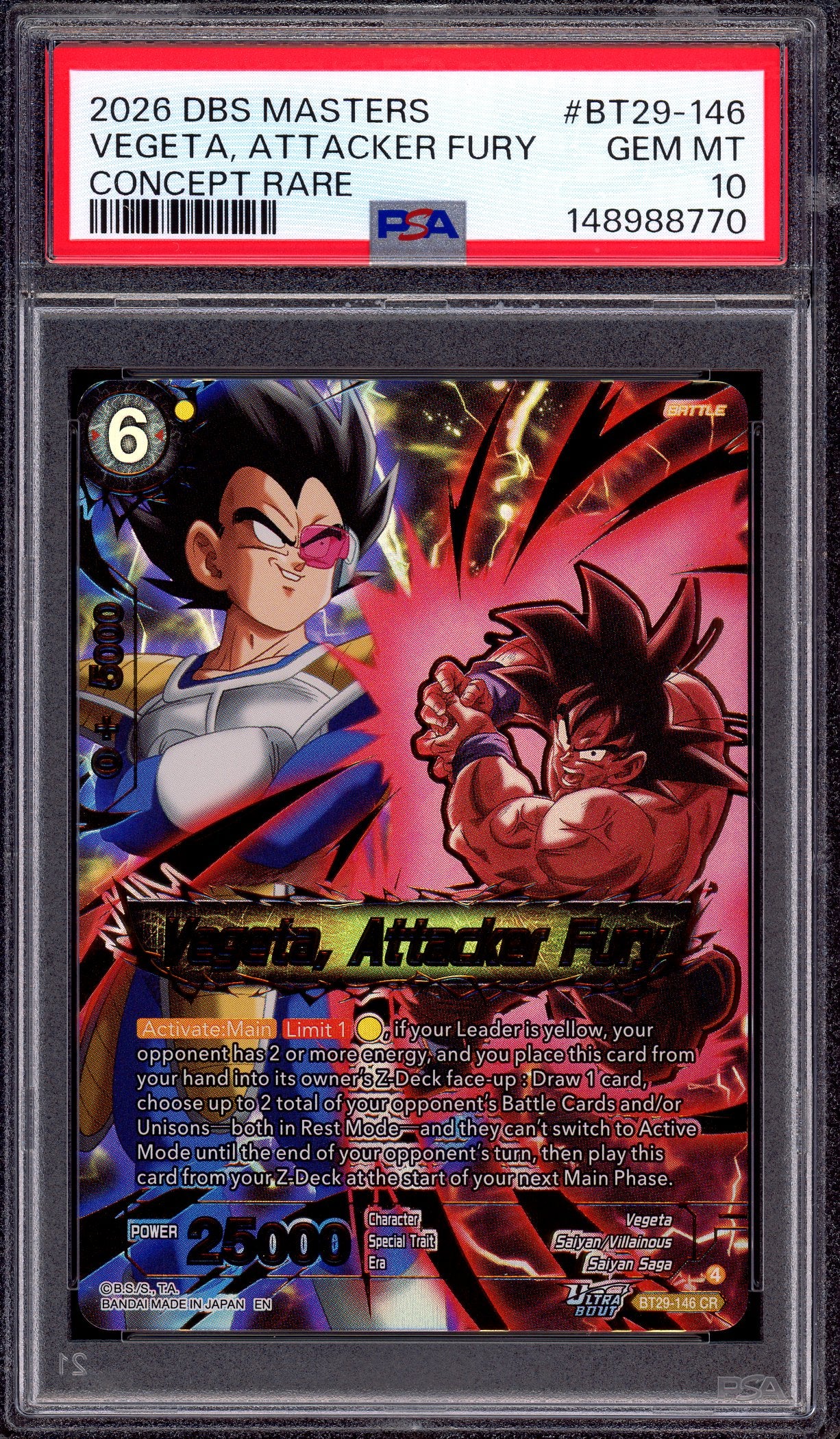 2026 Dragon Ball Super Masters Concept Rare Vegeta, Attackers Fury #BT29-146 PSA 10 GEM MINT