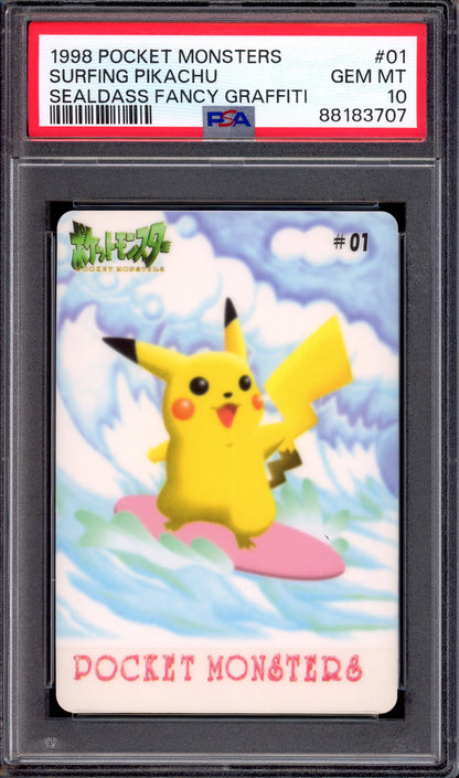1998 Pokémon Pocket Monsters Sealdass Fancy Graffiti Surfing Pikachu #01 PSA 10 GEM MINT