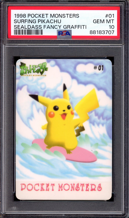 1998 Pokémon Pocket Monsters Sealdass Fancy Graffiti Surfing Pikachu #01 PSA 10 GEM MINT