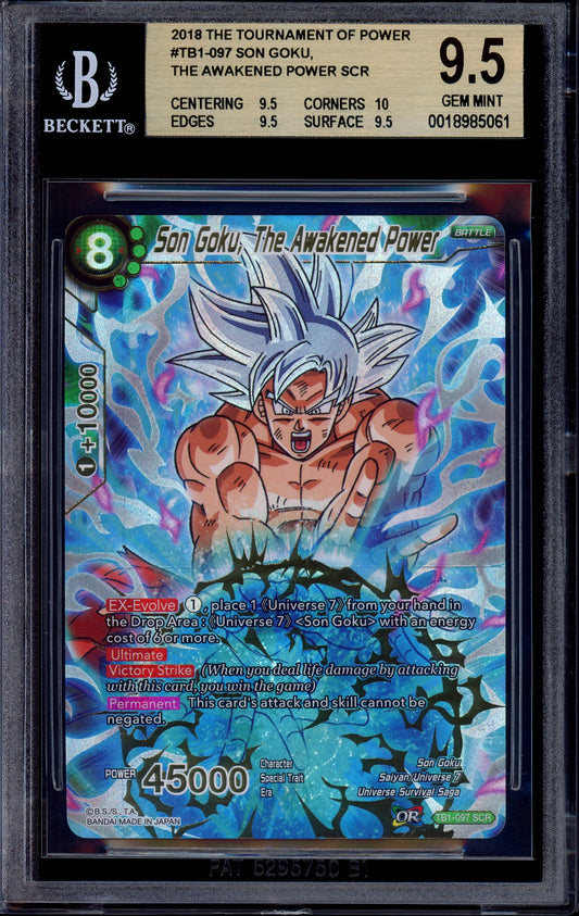 2018 Dragon Ball Super Tournament of Power Son Goku, The Awakened Power SCR #TB1-097 BGS 9.5 GEM MINT