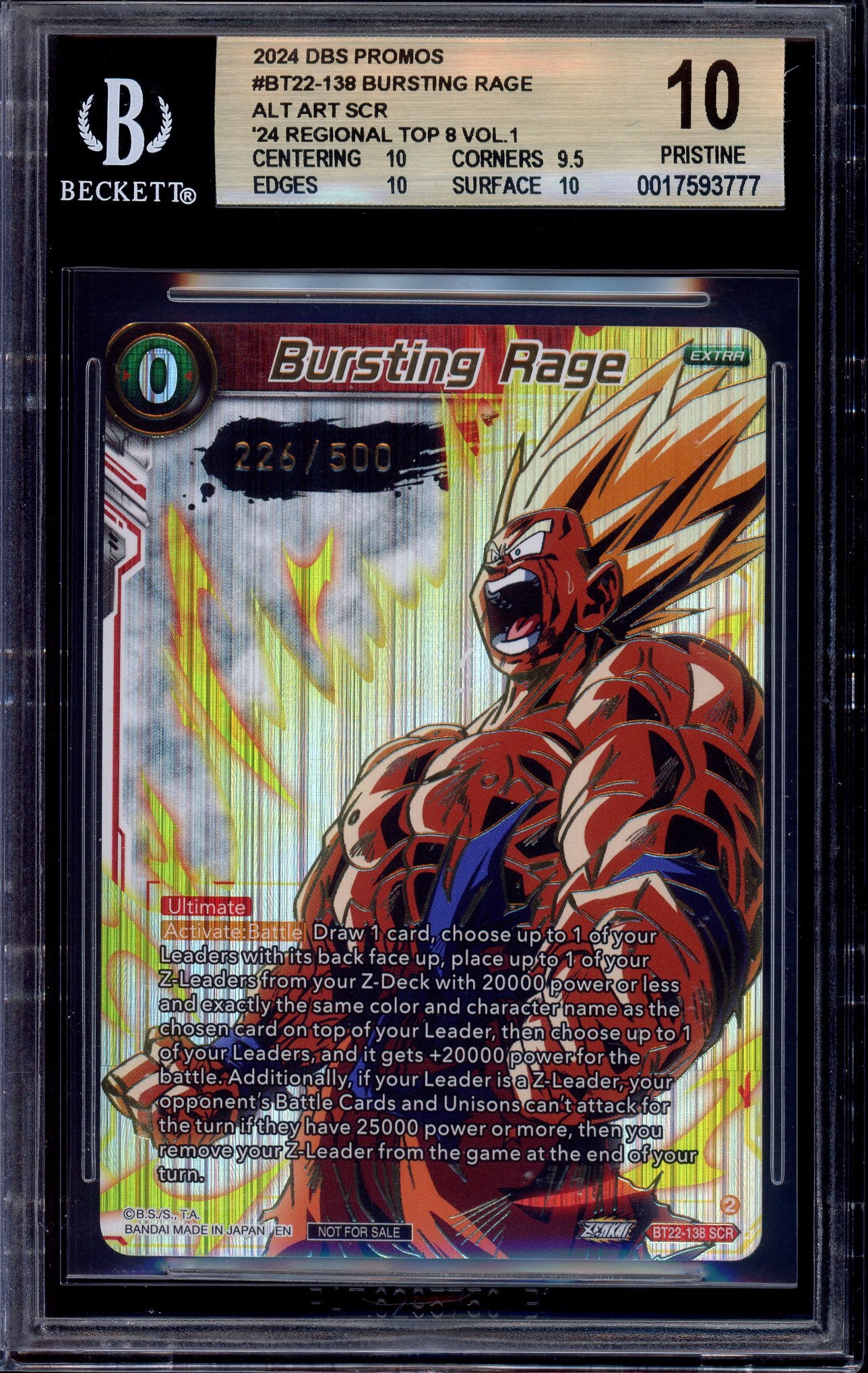 2024 Dragon Ball Super Masters Regional Serialized Alternate Art Bursting Rage /500 #BT22-138 BGS 10 PRISTINE