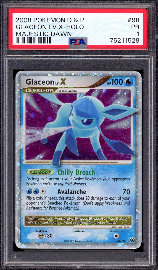 2008 Pokémon Diamond & Pearl Majestic Dawn Glaceon LV.X-Holo #98 PSA 1 POOR