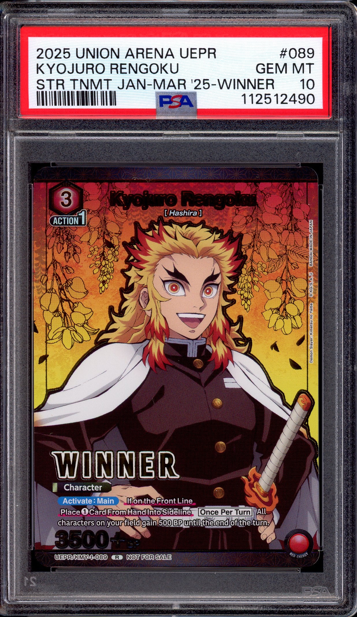 2025 Union Arena Store Tournament Jan-Mar 2025 Winner Kyojuro Rengoku #89 PSA 10 GEM MINT