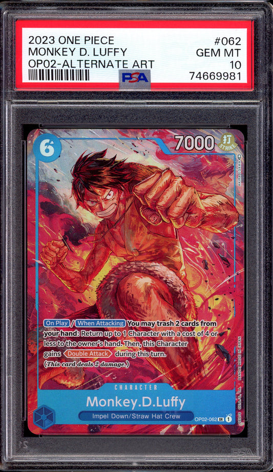 2023 One Piece OP02 Alternate Art Monkey D Luffy #62 PSA 10 GEM MINT
