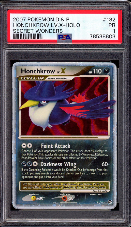 2007 Pokémon Diamond & Pearl Secret Wonders Honchkrow LV.X-Holo #132 PSA 1 POOR