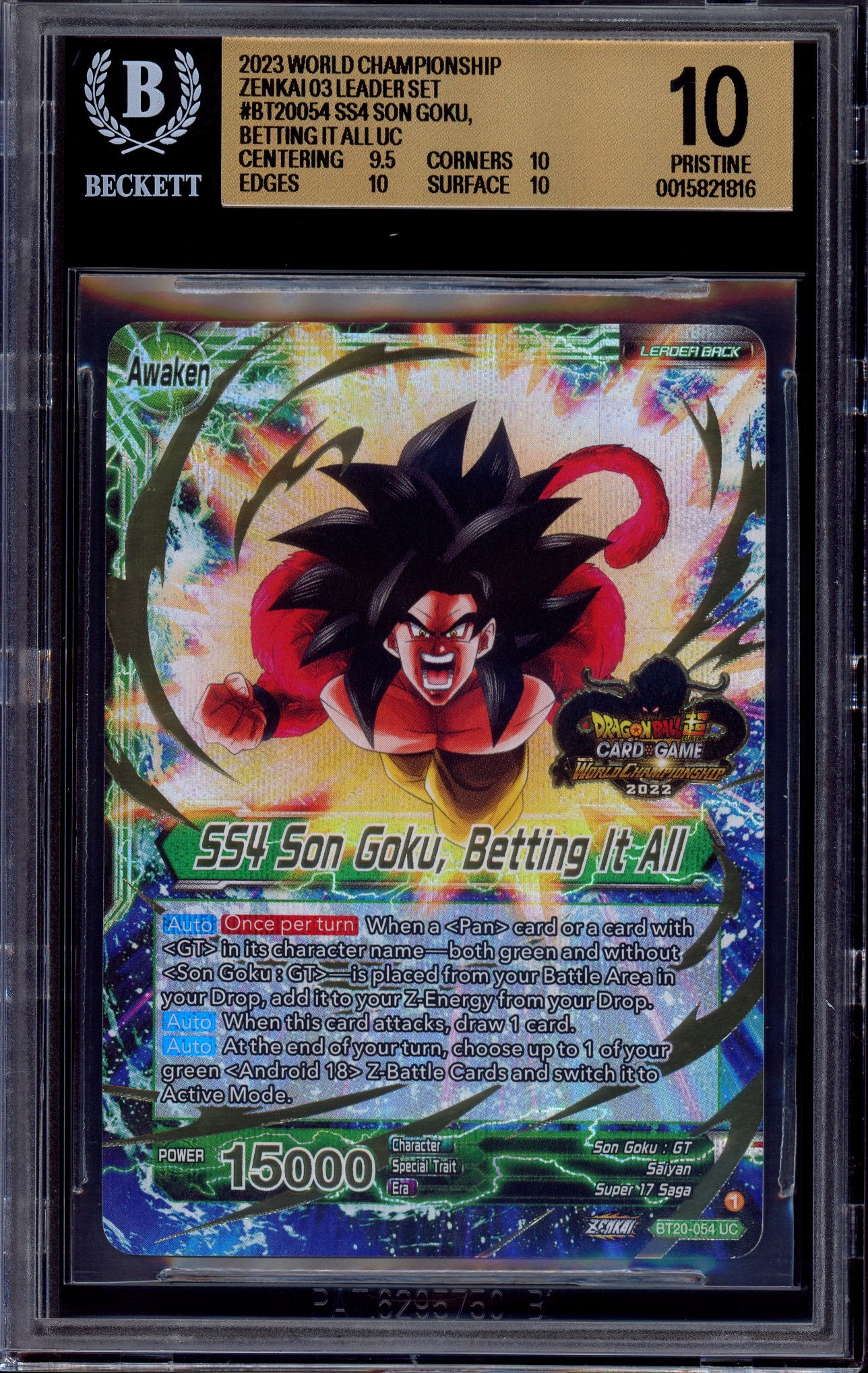 2023 Dragon Ball Super World Championship Zenkai 03 Leader Set SS4 Son Goku, Betting It All #BT20-054 BGS 10 PRISTINE