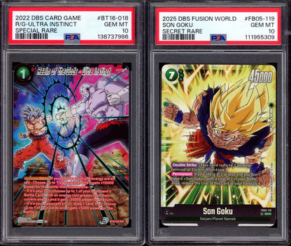 2025 Dragon Ball Super Fusion World Secret Rare Son Goku #FB05-119 2022 Dragon Ball Super Realm of the Gods - Ultra Instinct SPR #BT16-018 PSA 10 GEM MINT
