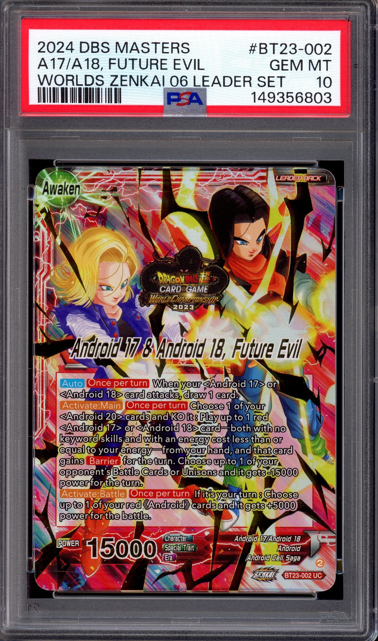 2024 Dragon Ball Super Masters Worlds Zenkai 06 Leader Set Android 17 & Android 18, Future Evil #BT23-002 PSA 10 GEM MINT