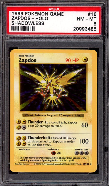 1999 Pokémon Game Shadowless Zapdos-Holo #16 PSA 8 NM-MT