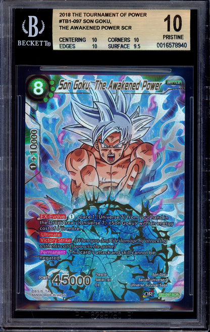 2018 Dragon Ball Super Tournament of Power Son Goku Awakened Power SCR #TB1-097 BGS 10 PRISTINE
