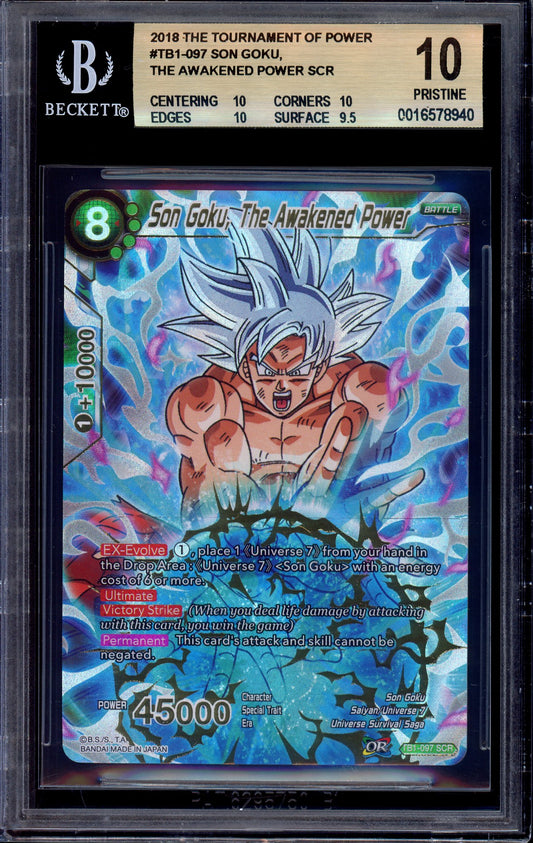 2018 Dragon Ball Super Tournament of Power Son Goku Awakened Power SCR #TB1-097 BGS 10 PRISTINE