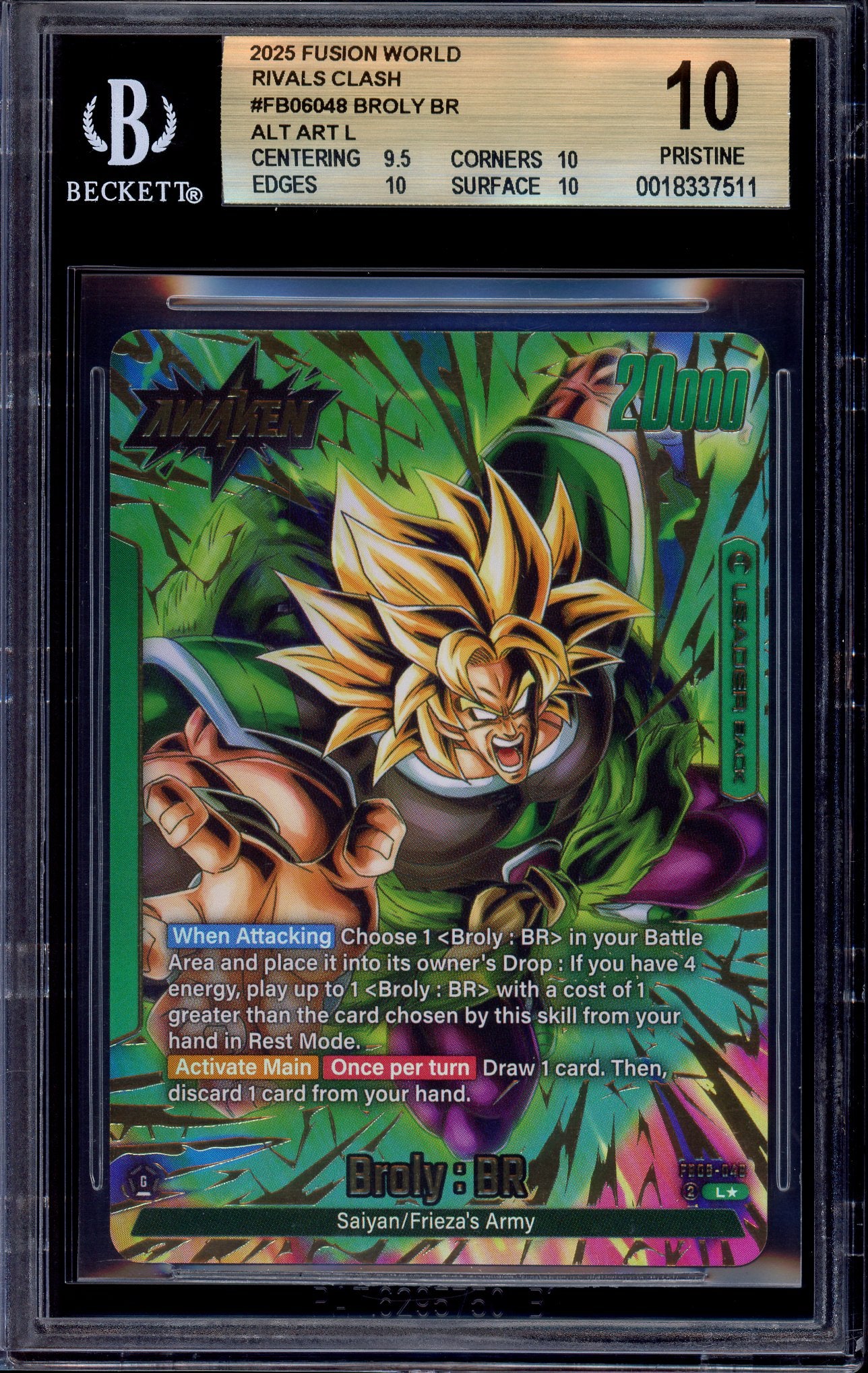 2025 Dragon Ball Super Fusion World Alternate Art Leader Broly BR #FB06-048 BGS 10 PRISTINE
