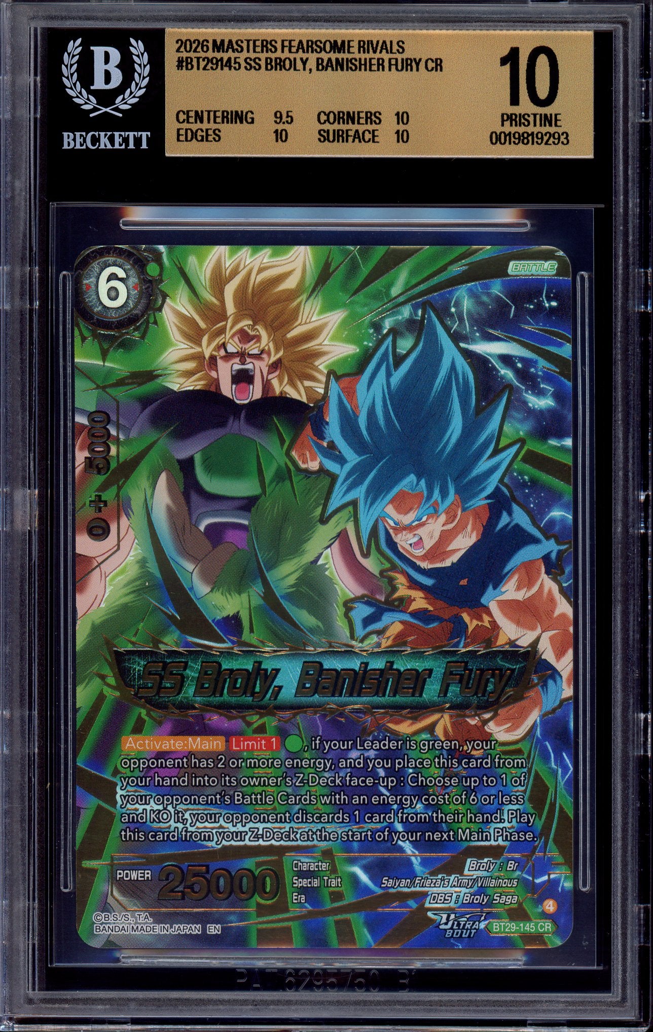 2026 Dragon Ball Super Masters Concept Rare SS Broly, Banisher Fury #BT29-145 BGS 10 PRISTINE