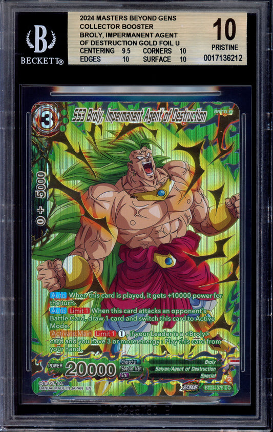 2024 Dragon Ball Super Masters Alternate Art SS3 Broly, Impermanent Agent of Destruction #BT24-075 BGS 10 PRISTINE
