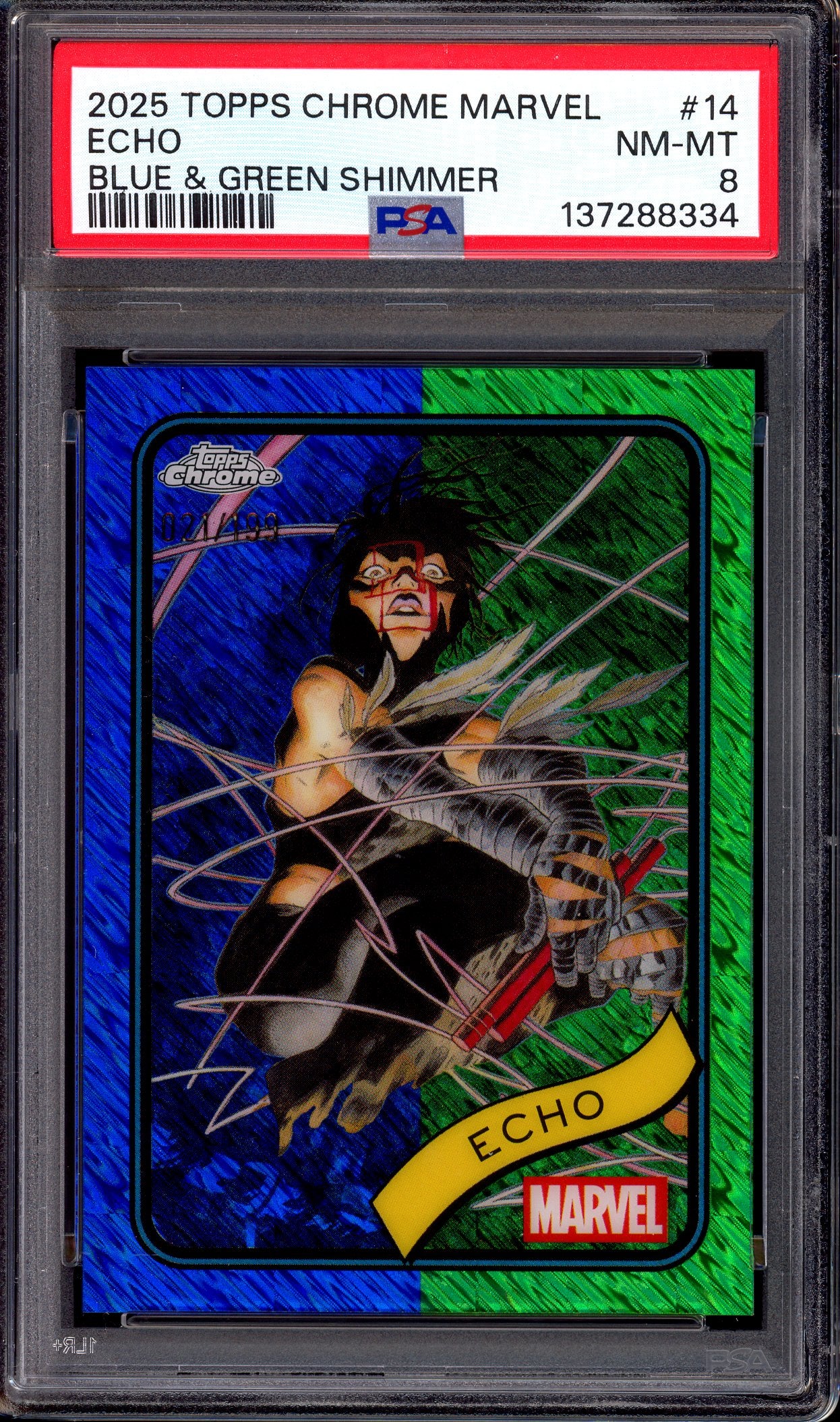 2025 Topps Chrome Marvel Blue & Green Shimmer Echo /199 #14 PSA 8 NM-MT