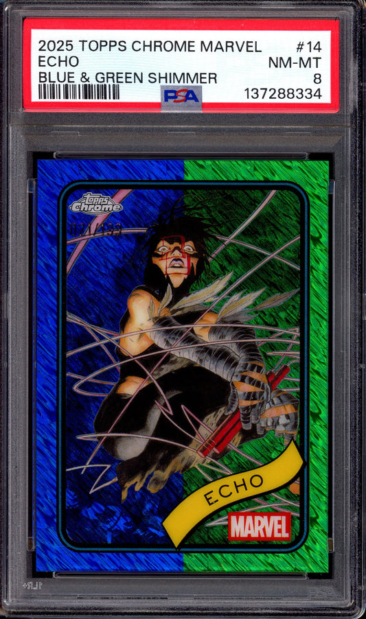 2025 Topps Chrome Marvel Blue & Green Shimmer Echo /199 #14 PSA 8 NM-MT