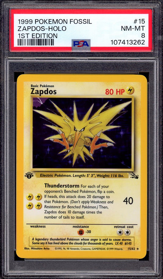 1999 Pokémon Fossil 1st Edition Zapdos-Holo #15 PSA 8 NM-MT