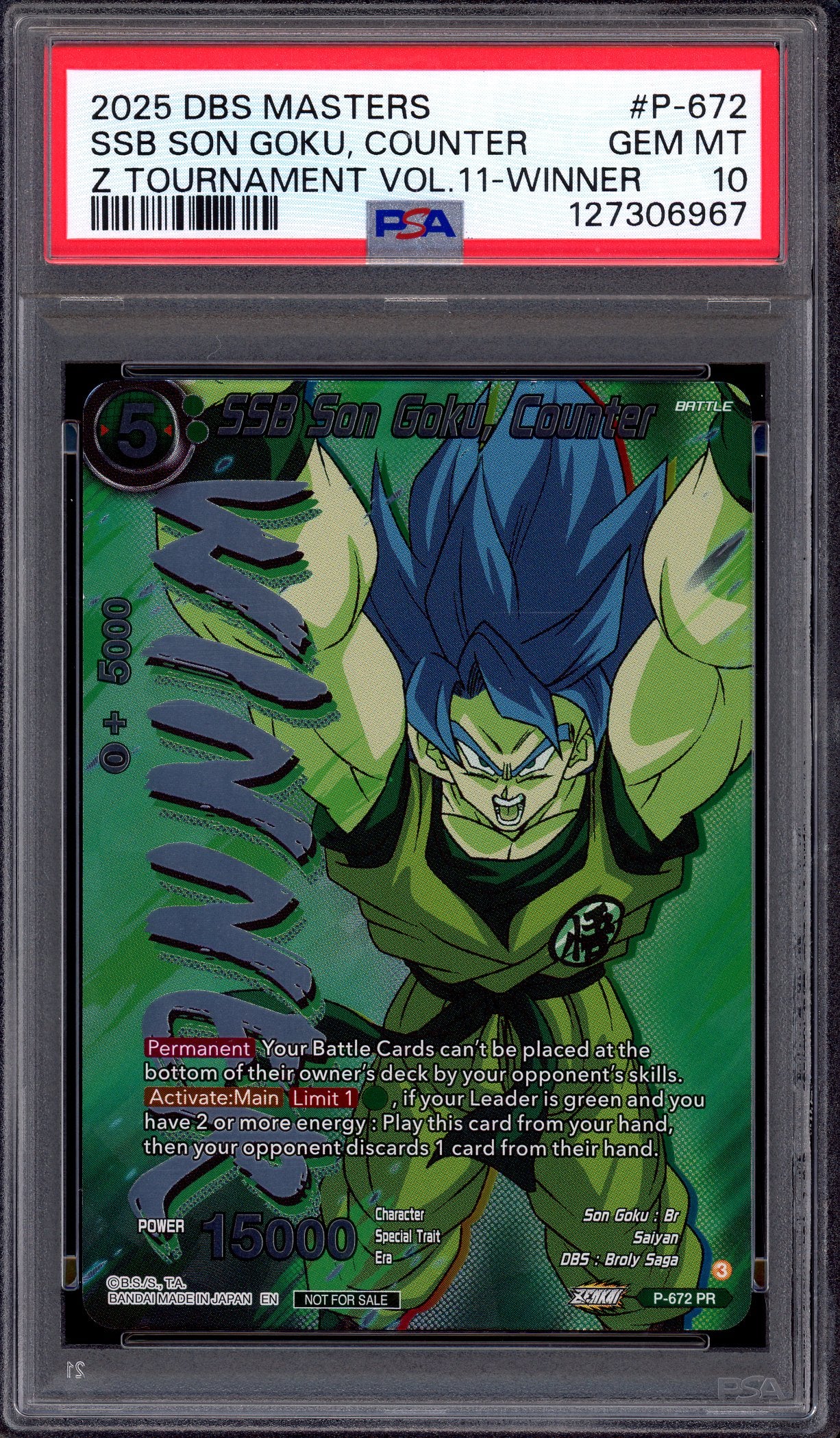 2025 Dragon Ball Super Masters Zenkai Tournament Volume 11 Winner SSB Son Goku, Counter #P-672 PSA 10 GEM MINT