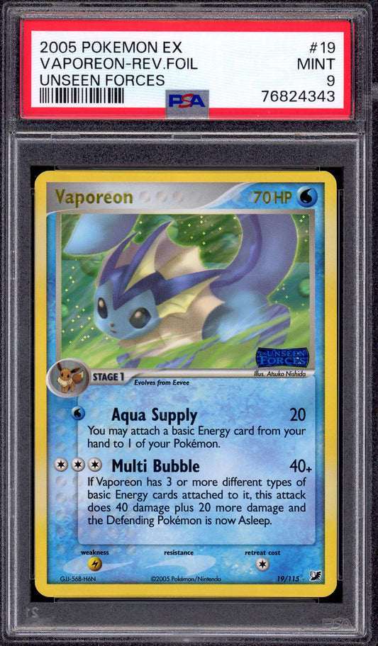 2005 Pokémon EX Unseen Forces Vaporeon Reverse Holo #19 PSA 9 MINT