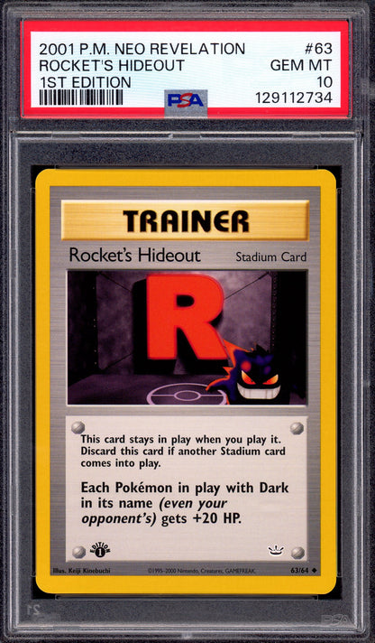 2001 Pokémon Neo Revelation 1st Edition Rocket's Hideout #63 PSA 10 GEM MINT