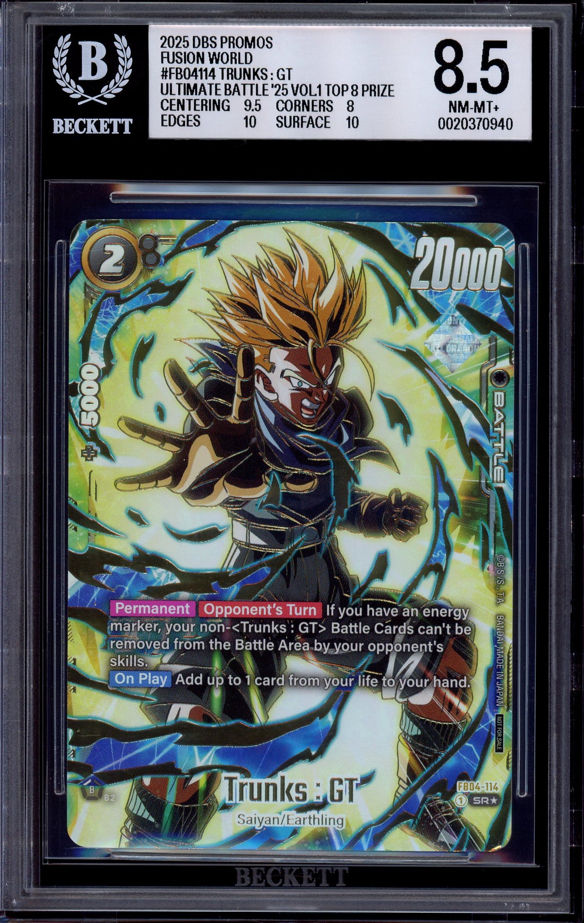 2025 Dragon Ball Super Fusion World Volume 1 Top Prize Trunks GT #FB04-114 BGS 8.5 NM-MT+