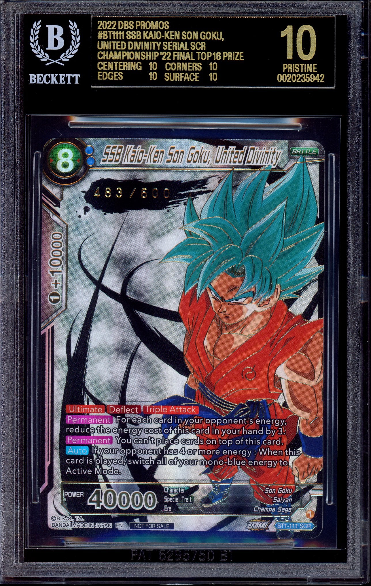 2022 Dragon Ball Super Final Championship Top 16 Alternate Art SSB Kaio-Ken Son Goku, United Divinity #BT1-111 BGS 10 BLACK LABEL