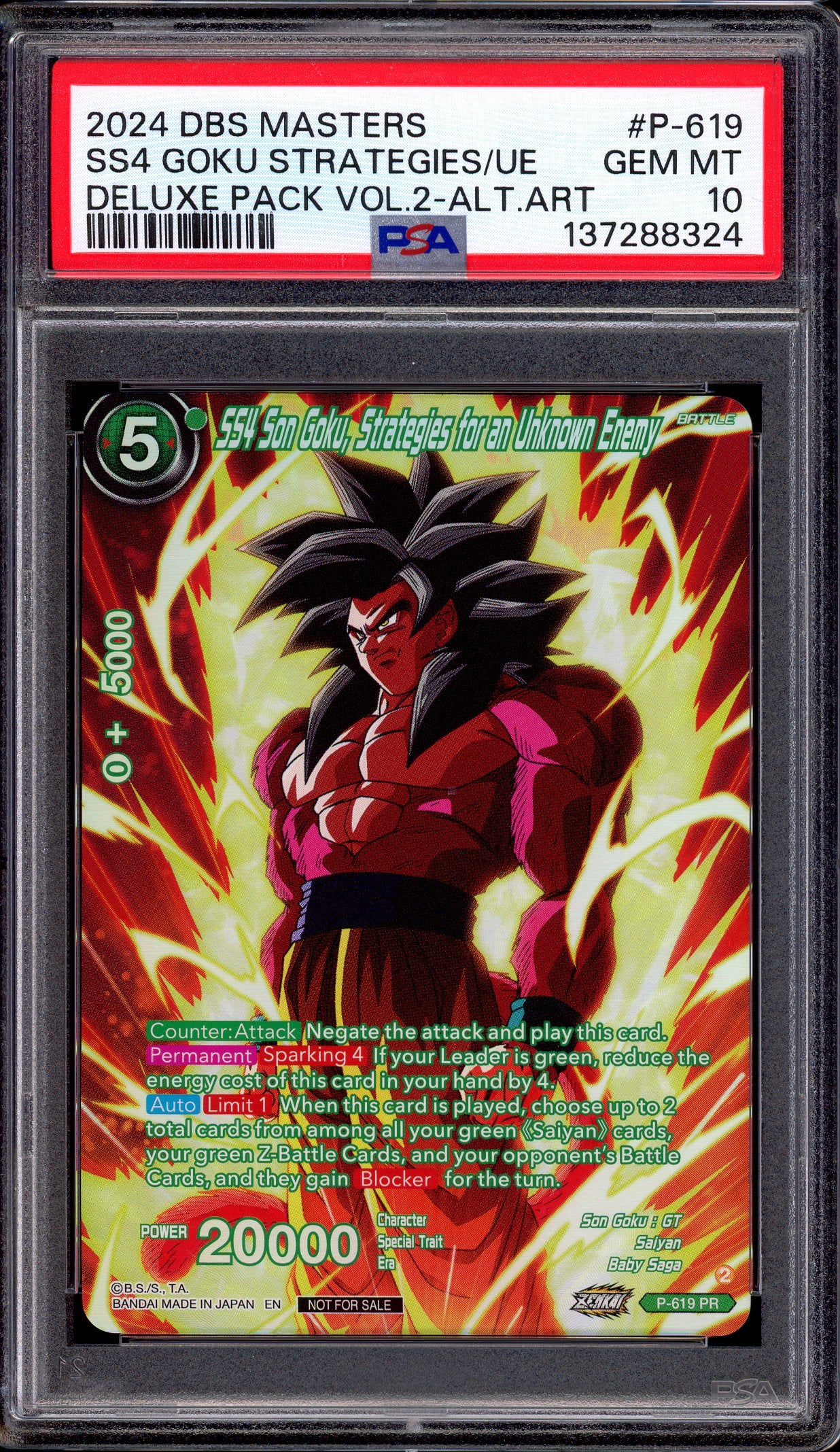 2024 Dragon Ball Super Masters Deluxe Pack Volume 2 Alternate Art SS4 Son Goku, Strategies for an Unknown Energy #P-619 PSA 10 GEM MINT