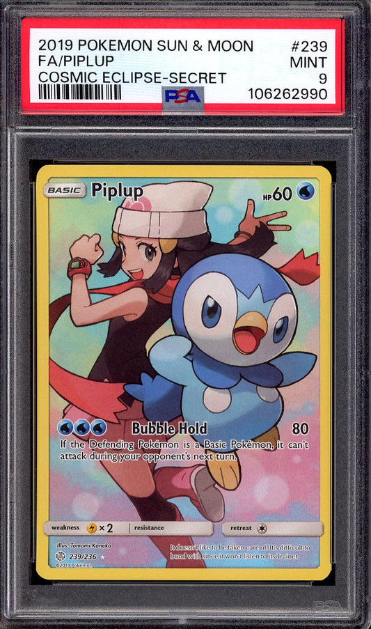 2019 Pokémon S&M Cosmic Eclipse Full Art Piplup-Secret #239 PSA 9 MINT