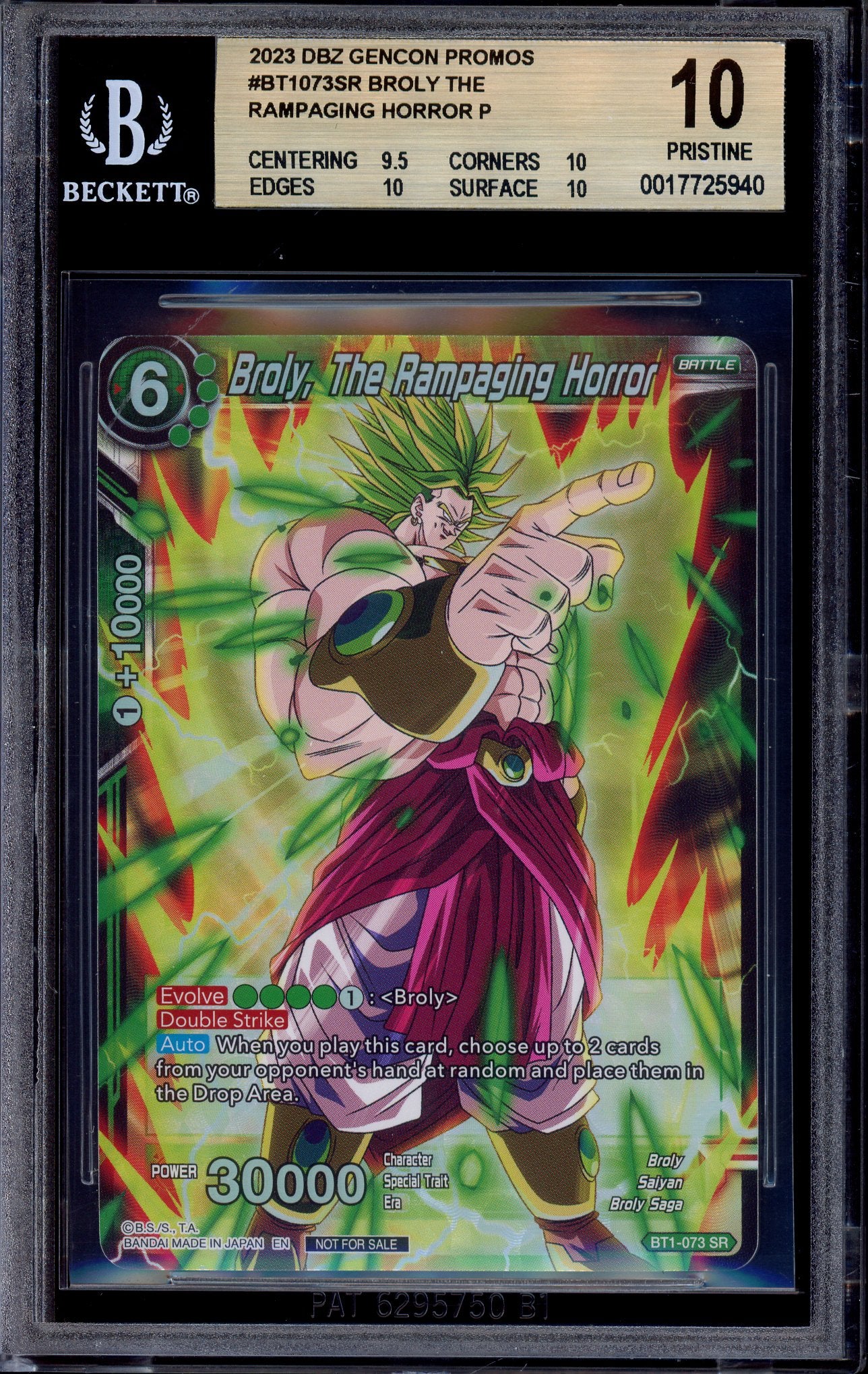 2023 Dragon Ball Super Bandai Card Games Set Broly, The Rampaging Horror #BT1-073 BGS 10 PRISTINE