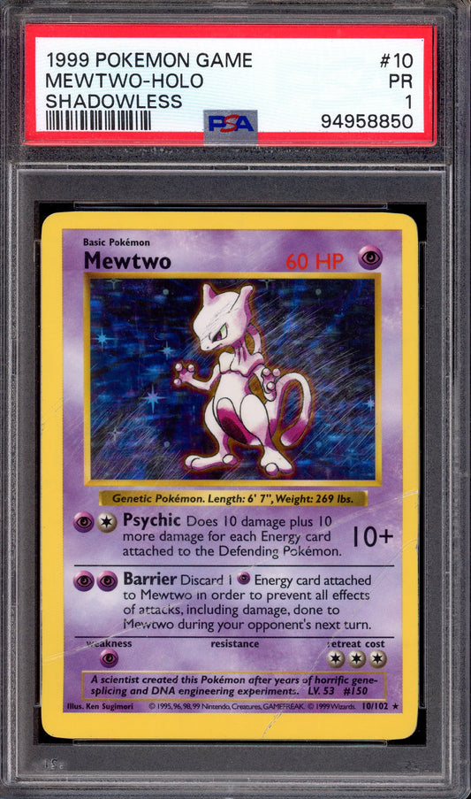 2004 Pokémon Game Base Set Shadowless Mewtwo-Holo #10 PSA 1 POOR