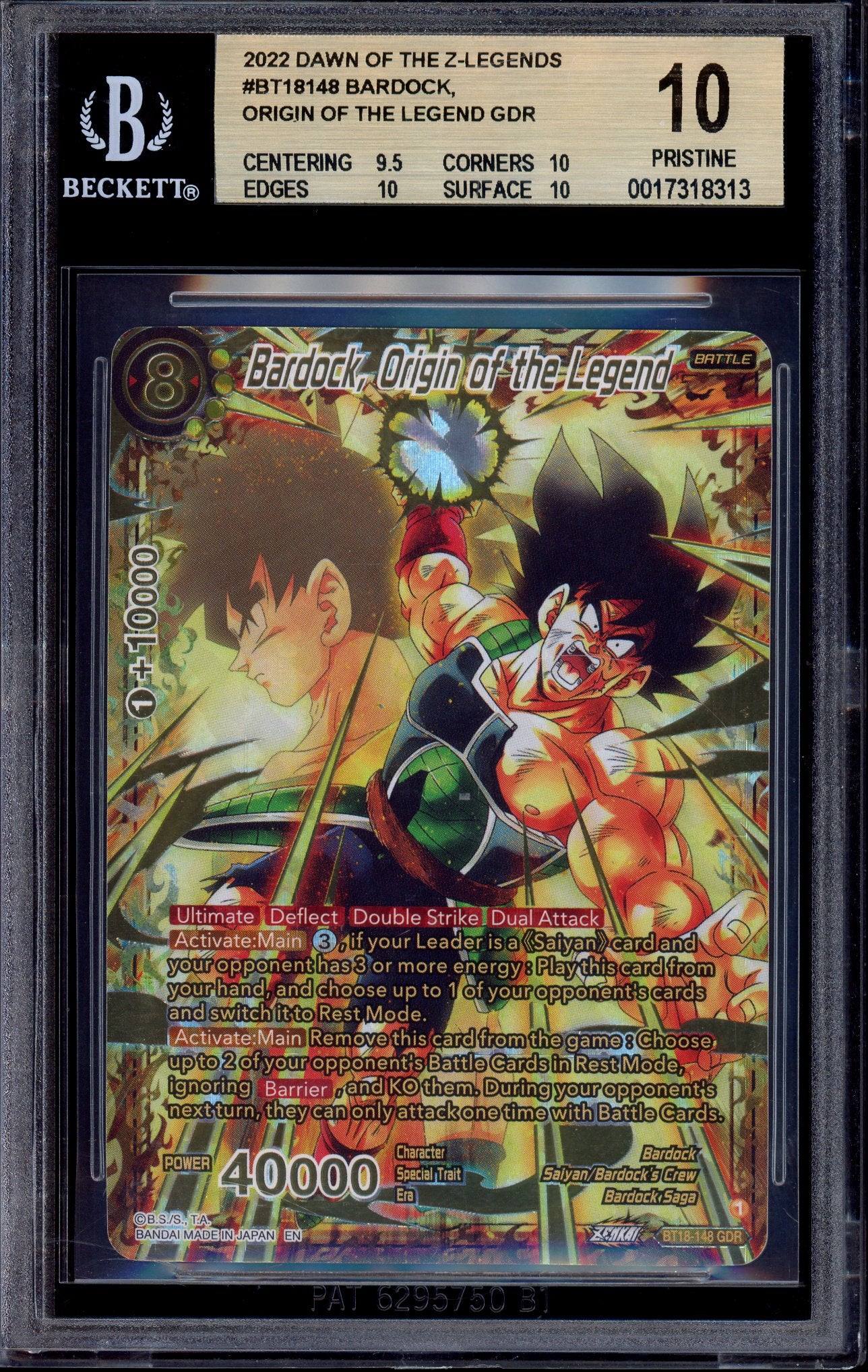 2022 Dragon Ball Super God Rare Bardock, Origin of the Legend #BT18-148 BGS 10 PRISTINE