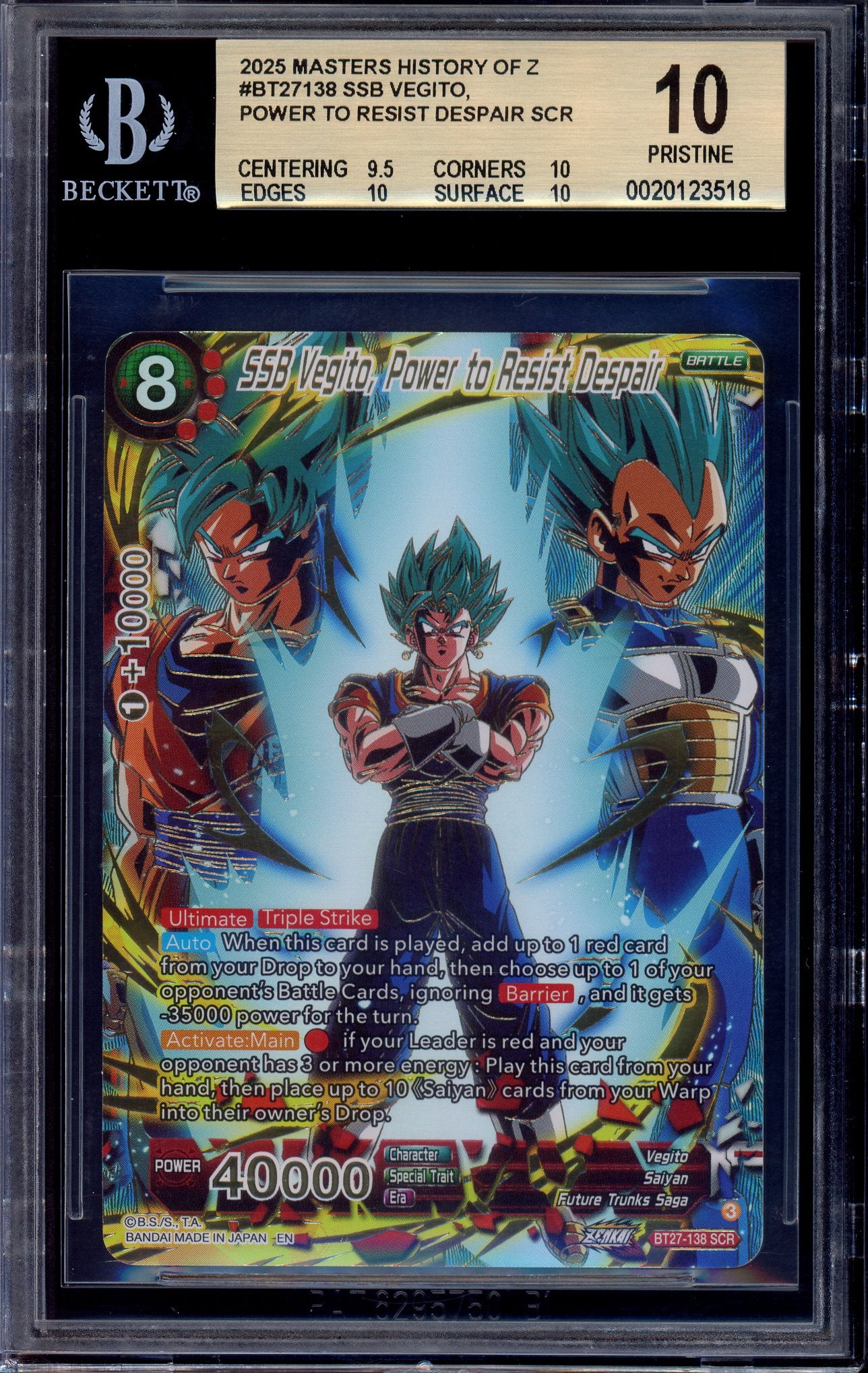 2025 Dragon Ball Super Masters SSB Vegito, Power to Resist Despair SCR #BT27-138 BGS 10 PRISTINE