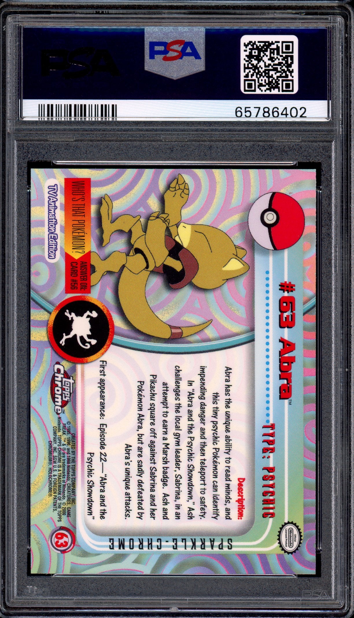2000 Topps Chrome Pokémon TV Sparkle Abra #63 PSA 10 GEM MINT