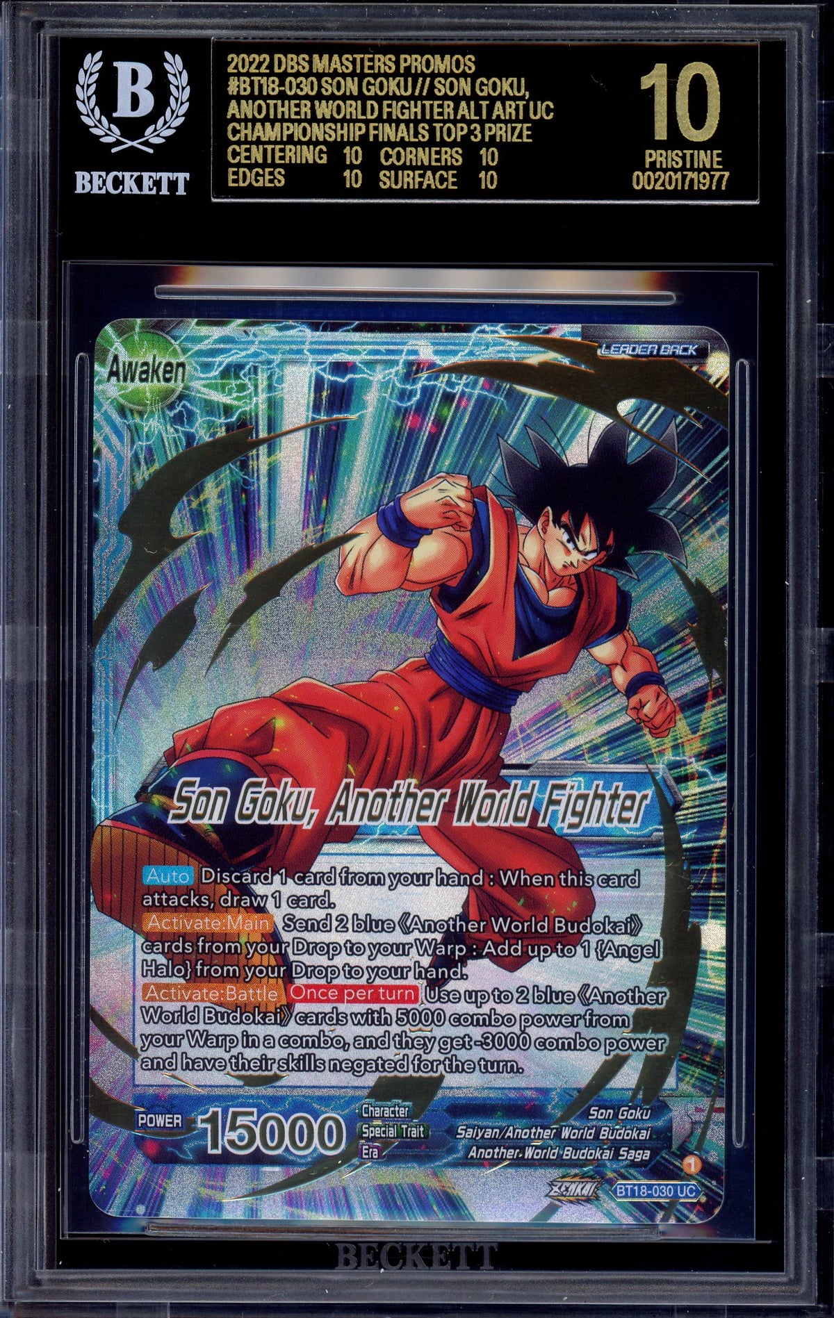 2022 Dragon Ball Super Final Championship Alternate Art Leader Top 3 Alternate Art Son Goku, Another World Fighter #BT18-030 BGS 10 BLACK LABEL
