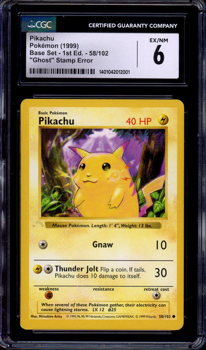 1999 Pokémon Game Ghost Stamp Error Pikachu #58 CGC 6 EX-NM
