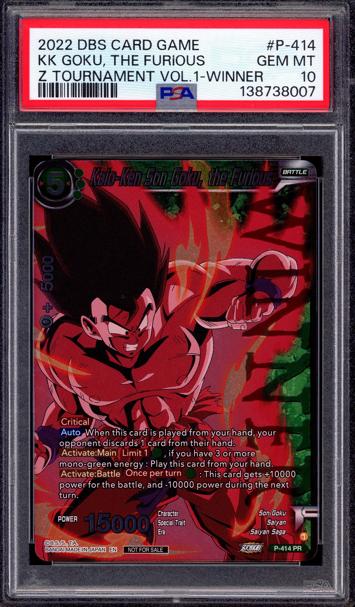 2022 Dragon Ball Super Zenkai Tournament Pack Volume 1 Winner Kaio-Ken Son Goku, the Furious #P-414 PSA 10 GEM MINT
