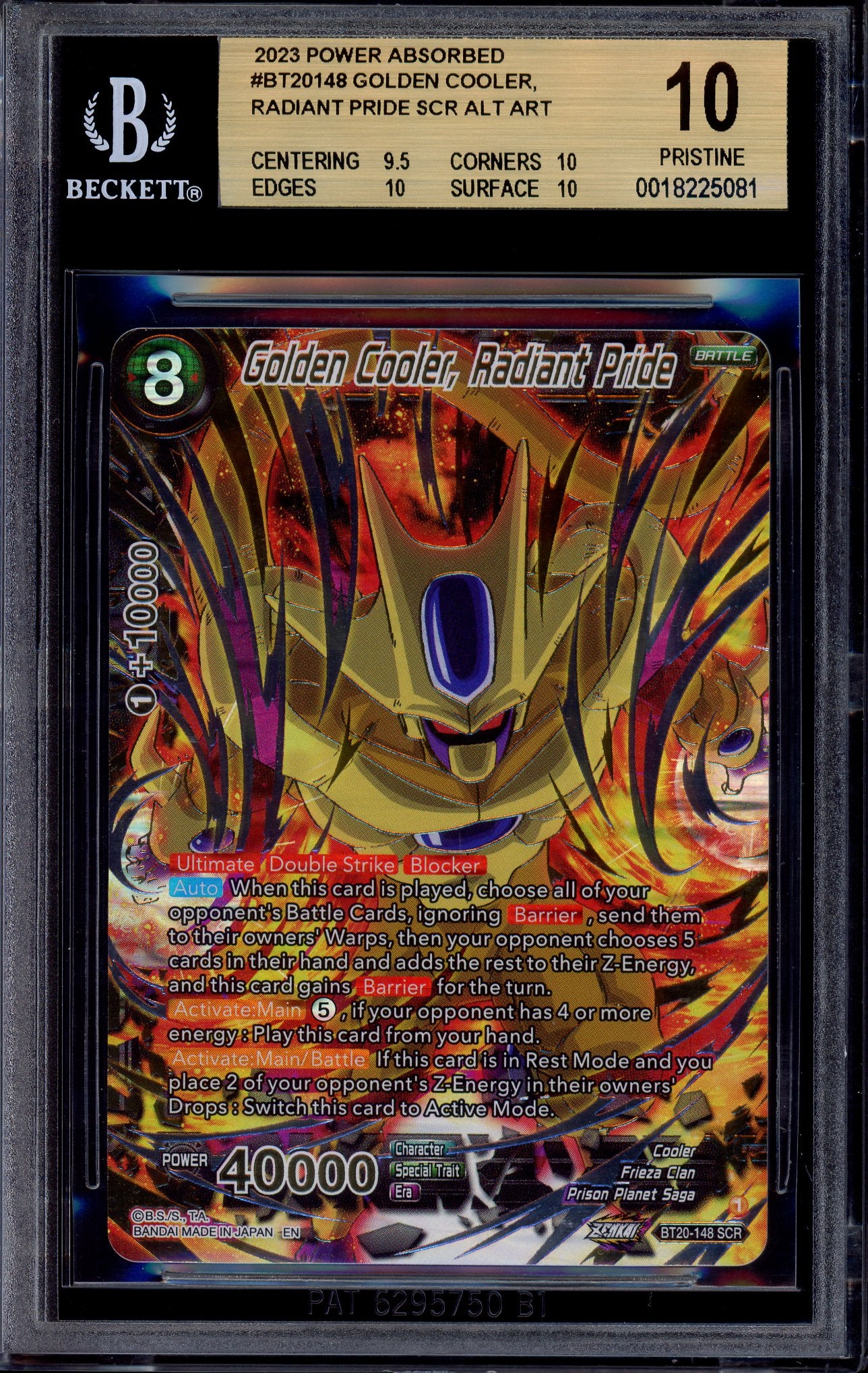 2023 Dragon Ball Super Alternate Art Golden Cooler, Radiant Pride SCR #BT20-148 BGS 10 PRISTINE