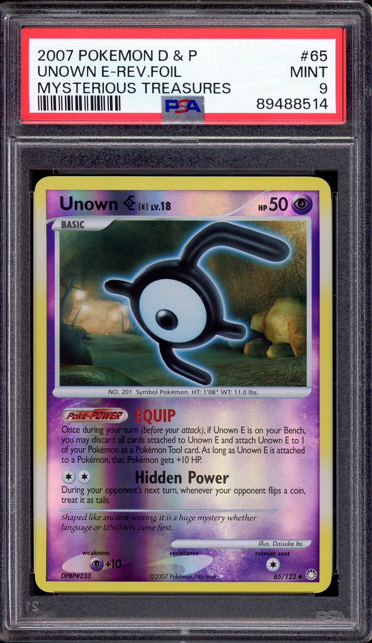 2007 Pokémon Diamond & Pearl Mysterious Treasures Unown E-Reverse Foil #65 PSA 9 MINT